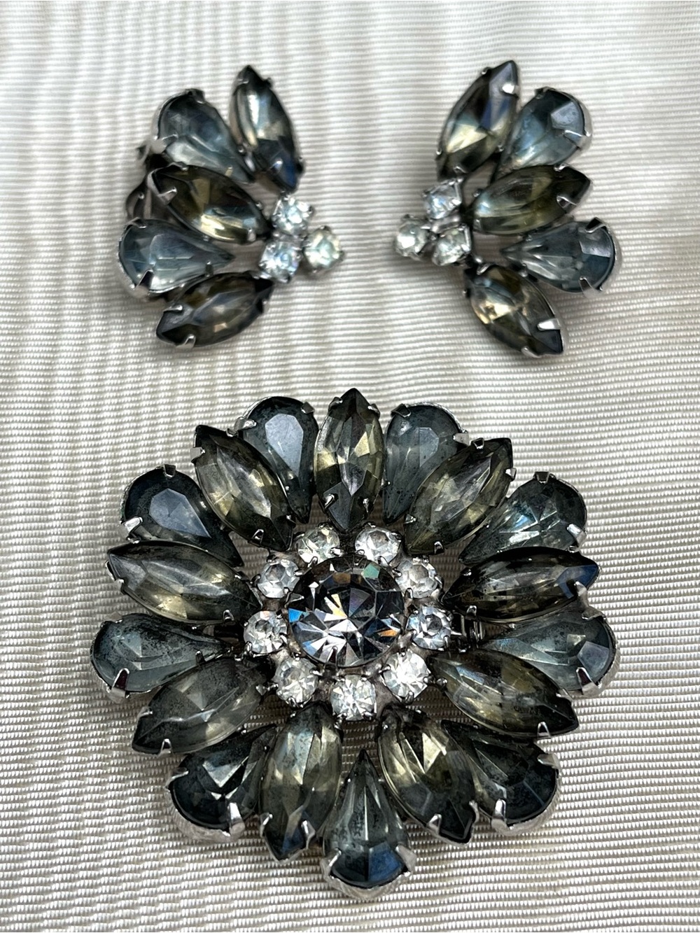 Rare 50s Smoky Crystal Floral Brooch and Clip-On Earrings Set
